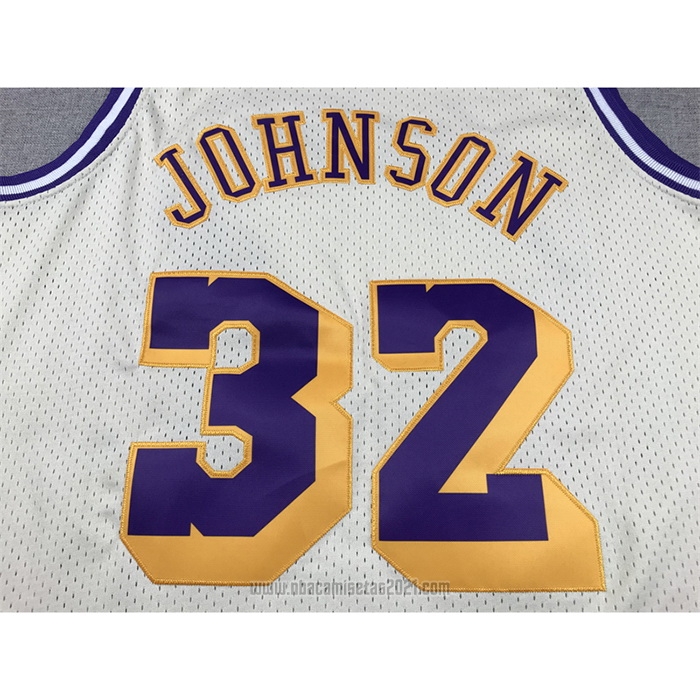 Camiseta Los Angeles Lakers Magic Johnson #32 Mitchell & Ness Chainstitch Crema